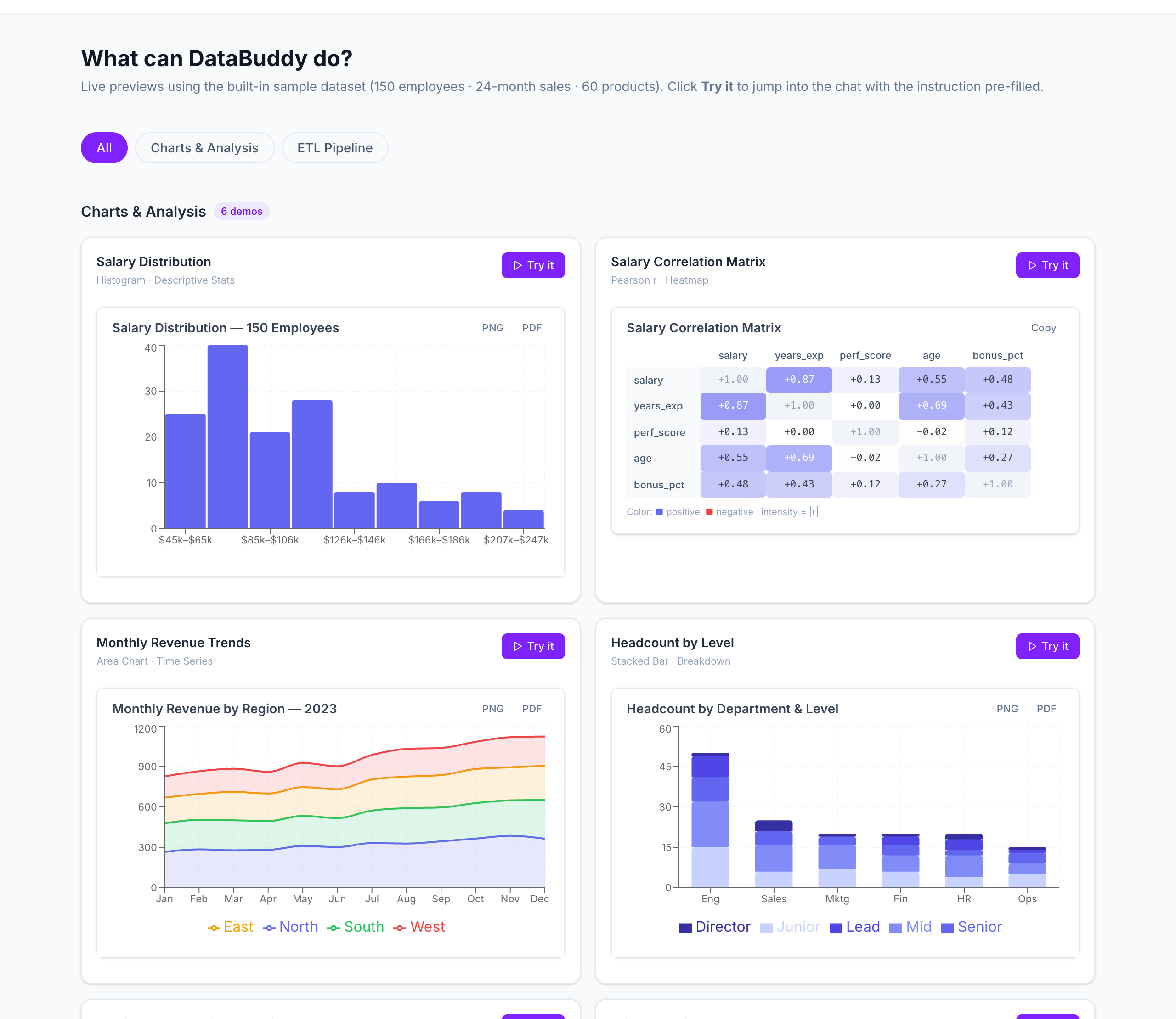 DataBuddy showcase — charts, correlation matrix and ETL pipeline demos